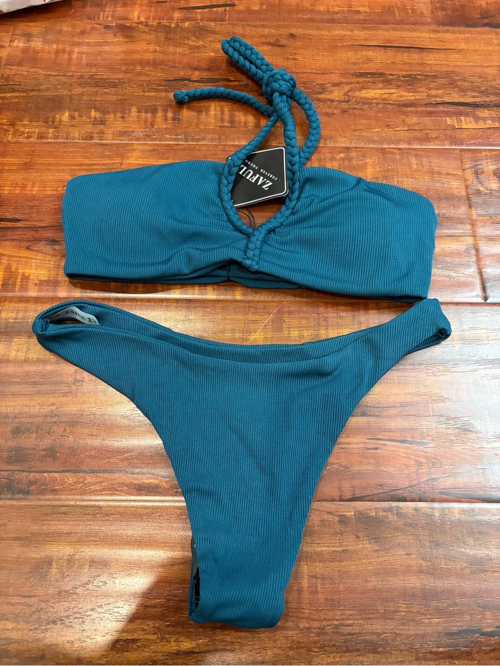 NWT Zaful Teal Ribbed Bandeau Bikini Set- size S